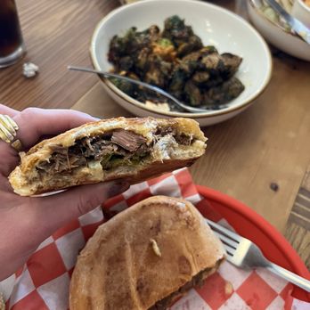 ACRESinn - Smoked barbacoa sandwich and a side of their amazing brussels sprouts - Cafes Near Me - Pontiac, Illinois