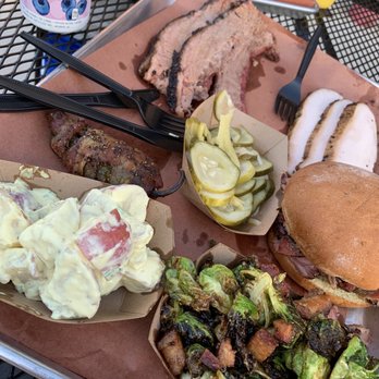 Station One Smokehouse - Brisket, turkey, pulled pork, Brussels Sprouts, Potato Salad, Spicy Pickles, Texas Twinkie - Barbeque Near Me - Plainfield, Illinois