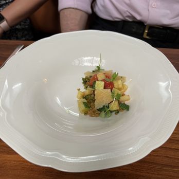 Mama - Summer Squash Soup Marinated Heirloom Tomato, Focaccia Crouton, Basil Pesto (before the pour) - Italian Near Me - Oakland, California