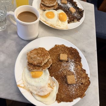 Breakfast by Salt’s Cure - The 2x2x2 OG with chicken sausage and sunny side up eggs. The lighter one is gluten free. - Breakfast & Brunch Near Me - New York, New York Breakfast by Salt’s Cure - The 2x2x2 OG with chicken sausage and sunny side up eggs. The lighter one is gluten free. - Breakfast & Brunch Near Me - New York, New York