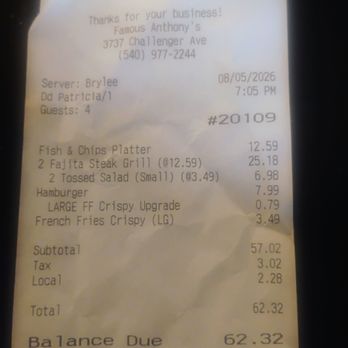 Famous Anthony's-460 - My receipt from the order. - American Near Me - Roanoke, Virginia Famous Anthony's-460 - My receipt from the order. - American Near Me - Roanoke, Virginia