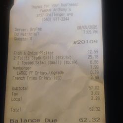 Famous Anthony's-460 - My receipt from the order.