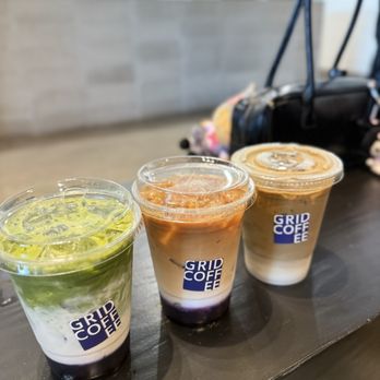 Grid Coffee - Blueberry Matcha (left), Blueberry Cafe Latte, Kyoto Cold Brew Latte (right) - Coffee & Tea Near Me - Santa Ana, California