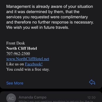 North Cliff Hotel - The response when asking why a promised service was not provided. The response is disappointing. - Hotels Near Me - Fort Bragg, California North Cliff Hotel - The response when asking why a promised service was not provided. The response is disappointing. - Hotels Near Me - Fort Bragg, California