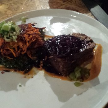 BiGA - Aleppo braised Short Rib with Sweet Potato Cakes Wilted Rutabaga Tops, Scallion Pistou and Cranrazz reduction...deeeeelish! - American Near Me - Prescott, Arizona BiGA - Aleppo braised Short Rib with Sweet Potato Cakes Wilted Rutabaga Tops, Scallion Pistou and Cranrazz reduction...deeeeelish! - American Near Me - Prescott, Arizona