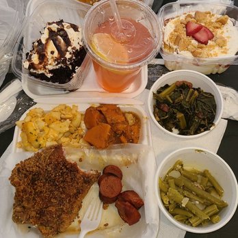 The Bussdown - Deep fried pork chops, Mac & cheese, yams, greenbeans, greens, twisted lemonade,  banana pudding, peach cobbler,and better then sex cake. - Soul Food Near Me - Modesto, California