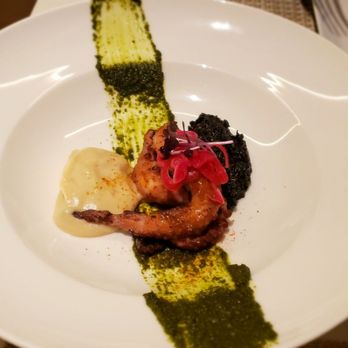 Bloom - Octopus with cauliflower puree, squid ink quinoa and salsa Verde pesto sauce. - New American Near Me - Verona, New Jersey Bloom - Octopus with cauliflower puree, squid ink quinoa and salsa Verde pesto sauce. - New American Near Me - Verona, New Jersey