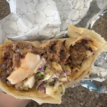 Los Tacos - Saddest Surf and Turf burrito. Super small with barely any shrimp, old beef, bad flavor all around. - Mexican Near Me - Oceanside, California Los Tacos - Saddest Surf and Turf burrito. Super small with barely any shrimp, old beef, bad flavor all around. - Mexican Near Me - Oceanside, California