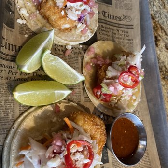 Upper Deck - fish tacos and salsa on a newspaper - Sports Bars Near Me - Parker, Colorado Upper Deck - fish tacos and salsa on a newspaper - Sports Bars Near Me - Parker, Colorado