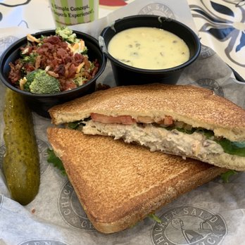 Chicken Salad Chick - Sassy Scotty chicken salad sandwich with a pickle spear, broccoli salad, and chicken artichoke soup. - Chicken Shop Near Me - Augusta, Georgia