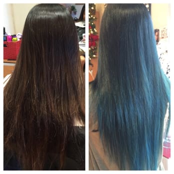 Salon Katelyn - Brunette with highlights and very bad dried split ends, to beautiful and healthy blue Balayage ombré! - Hair Salons Near Me - Westminster, California