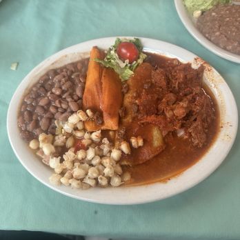 Rancho De Chimayo Restaurante - Combination Picante: carne adavado, pork tamale and cheese enchilada - New Mexican Cuisine Near Me - Chimayo, New Mexico