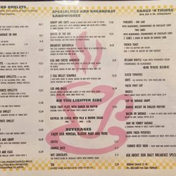 Menu - Daily Breakfast Menu, Eggs and Omelets , Specialtys and Breakfast Sandwiches , Beverages , Cakes and Things , Sides ( rear )