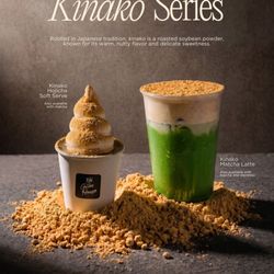 Kei Coffee House - Kinako Series. Drinks available as Matcha Latte, Espresso, and Hojicha versions. Soft serve available as Hojicha and Matcha versions.