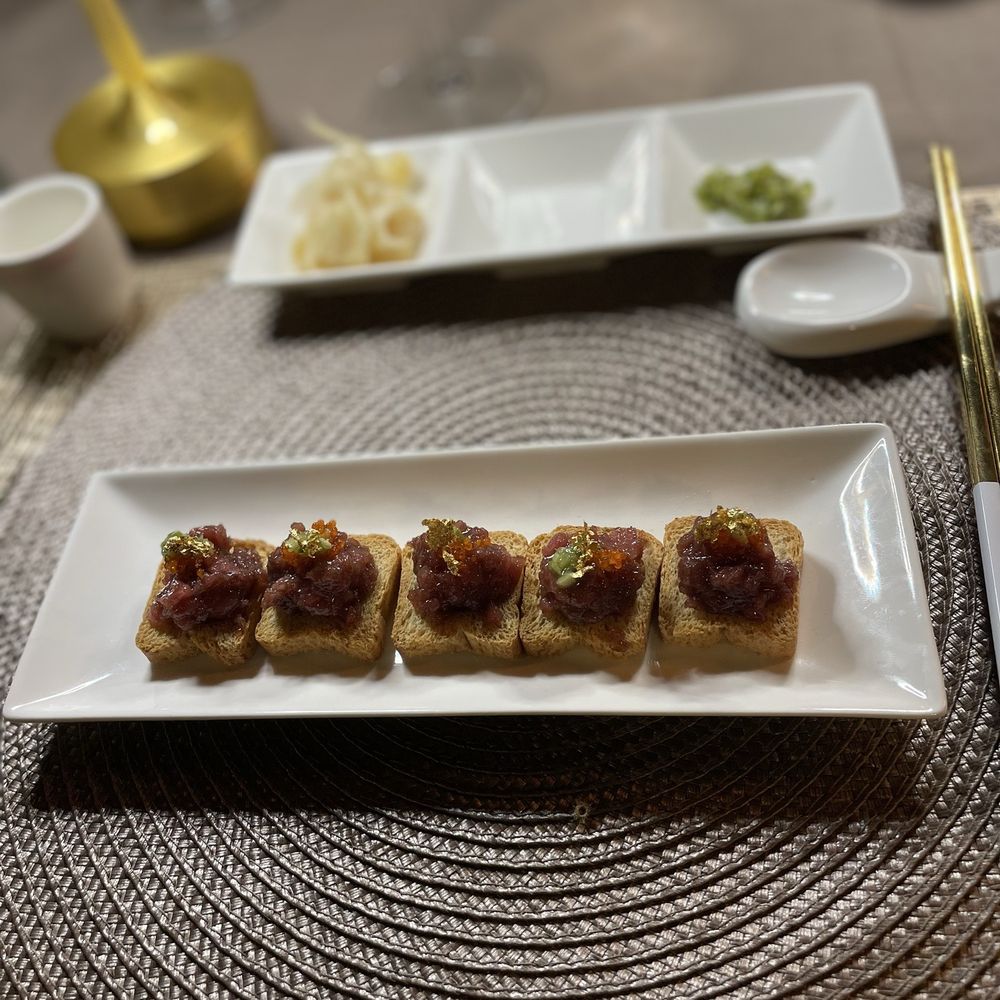 The Homakase Chef - Toro Toast bites with gold leaf - Personal Chefs Near Me