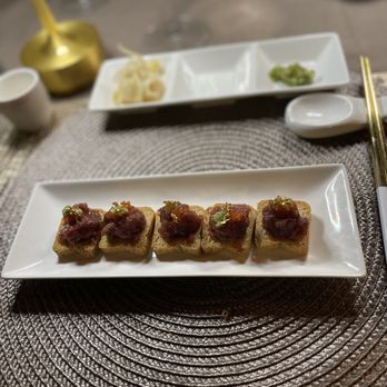 The Homakase Chef - Toro Toast bites with gold leaf - Personal Chefs Near Me