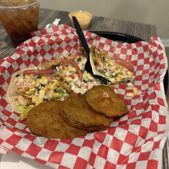 Riverview Restaurant - Mahi Mahi tacos with fried green tomatoes - American Near Me - KURE BEACH, North Carolina Riverview Restaurant - Mahi Mahi tacos with fried green tomatoes - American Near Me - KURE BEACH, North Carolina