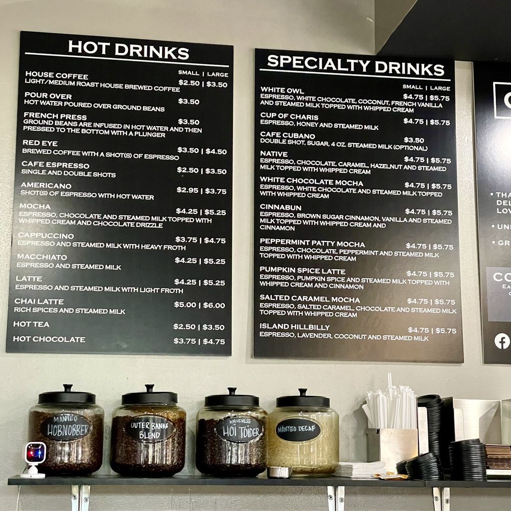 Charis Coffee - Hot and Specialty Drink menu (Mar 2024) - zoom in for details and prices. I got the White Owl - white choc, coconut, vanilla - so good! - Coffee & Tea Near Me - Manteo, North Carolina