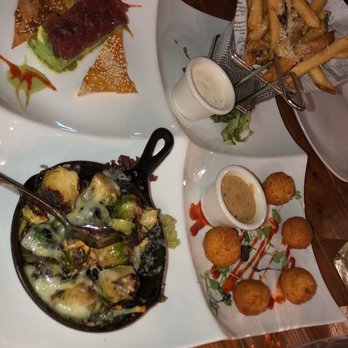 Banc Cafe - sampler plate (tartare of tuna & avocado, parmesan truffle fries, charred Brussels sprouts, goat cheese croquettes) - Cafes Near Me - New York, New York Banc Cafe - sampler plate (tartare of tuna & avocado, parmesan truffle fries, charred Brussels sprouts, goat cheese croquettes) - Cafes Near Me - New York, New York