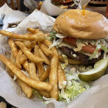Oscar's Cafe - Garlic burger and husband's in the back is Oscar burger. - Mexican Near Me - Springdale, Utah