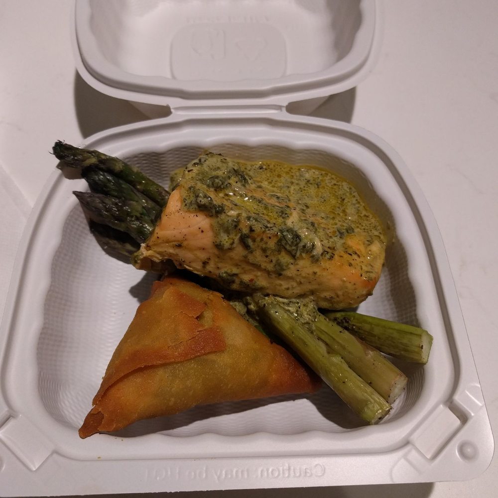 From the hot buffet - salmon in pesto sauce, asparagus and a samosa. Total cost - just over $7 From the hot buffet - salmon in pesto sauce, asparagus and a samosa. Total cost - just over $7