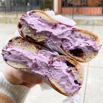 Utopia Bagels - Blueberry bagel with blueberry cream cheese  Instagram: cywong02 - Bakeries Near Me - Whitestone, New York