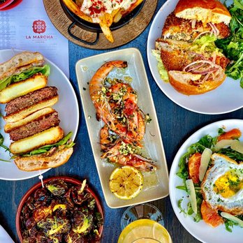 La Marcha Tapas Bar - El Classico Beef Patty Croqueta Burger, Cangrejo Croqueta Burger, Gambas, Bruselas, Rucula, Sangria - Spanish Near Me - Berkeley, California