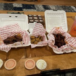 Mad Chicken - Gold BBQ Wings, Fried Pickles, Mango Habanero Wings, Waffle Fries and Strawberry Lemonade