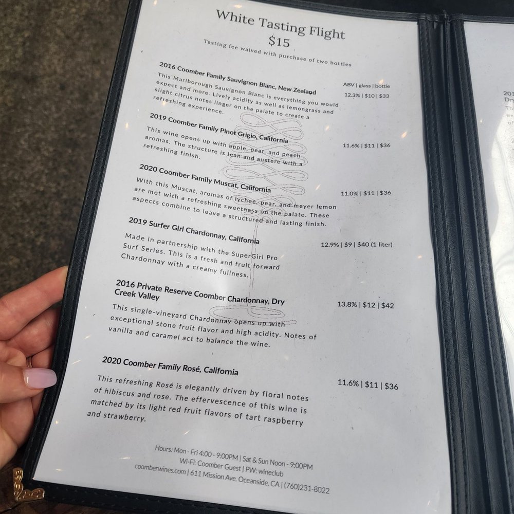 Coomber Craft Wines - Menu - Wine Tasting Room Near Me - Oceanside, California Coomber Craft Wines - Menu - Wine Tasting Room Near Me - Oceanside, California