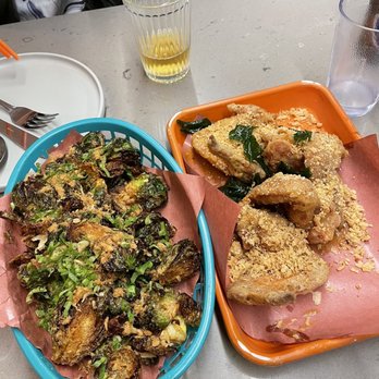 Potluck Hawker Eatery - Brussels Sprouts  Chicken Wings + Salted Egg - Indonesian Near Me - Vancouver, British Columbia