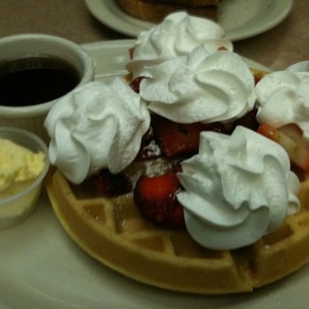 Bill's Cafe - Belgian waffle with strawberries and cream! - American Near Me - San Jose, California