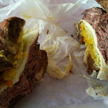 Wholy Bagel - Monstrosity of a bagel sandwich -- pastrami on marble rye - Bagels Near Me - Austin, Texas
