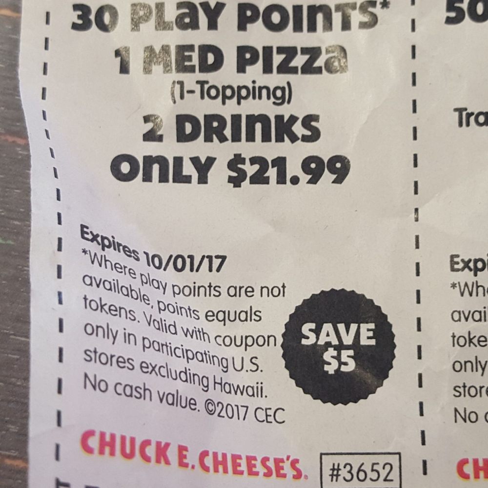 Chuck E. Cheese - My coupon saying "two drinks" not "one adult drink, one kid's drink" worker (manager?) disagreed. - Pizza Near Me - West Hills, California