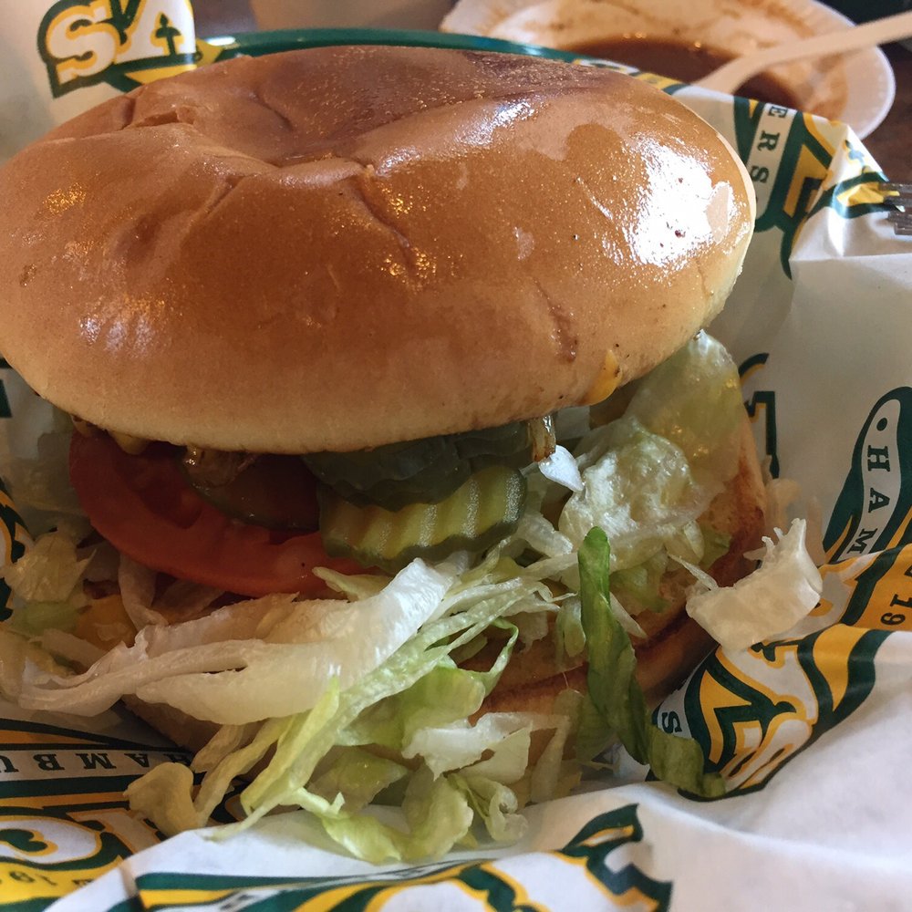 Jucy's Hamburgers - Jr. cheeseburger with grilled onions and mustard all the way - Burgers Near Me - Tyler, Texas Jucy's Hamburgers - Jr. cheeseburger with grilled onions and mustard all the way - Burgers Near Me - Tyler, Texas