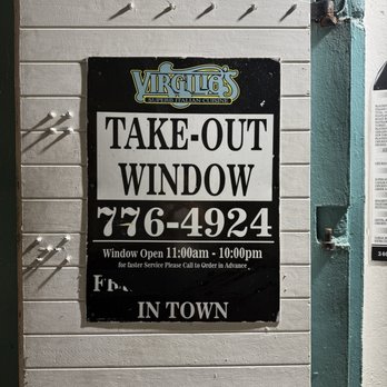 Virgilio's - Take out window with phone number and hours. - Italian Near Me - Charlotte Amalie, Virgin Islands Virgilio's - Take out window with phone number and hours. - Italian Near Me - Charlotte Amalie, Virgin Islands