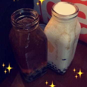 Plentea - I got the peach black tea with lychee jelly and tapioca and my sister got the brown sugar iced milk with tapioca and egg pudding. - Tea Rooms Near Me - San Francisco, California