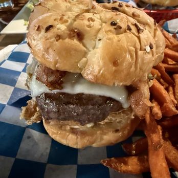 The Abbey - Roadhouse burger - one patty, white cheddar, bacon, fried onions and garlic mayo on an onion bun - New American Near Me - Providence, Rhode Island
