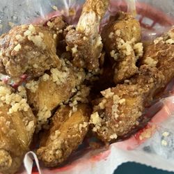 Honey Garlic wings with CHOPPED RAW GARLIC ALL OVER IT! STUPID!!