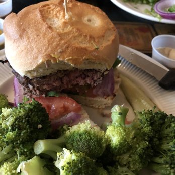 Wharf Hill Brewing - Classic burger on gluten free bun with side of broccoli - Bars Near Me - Smithfield, Virginia Wharf Hill Brewing - Classic burger on gluten free bun with side of broccoli - Bars Near Me - Smithfield, Virginia