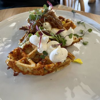 Lele Cake - Gruyere Waffles with Goat Cheese Mousse and Onion Marmalade - Coffee & Tea Near Me - Los Gatos, California