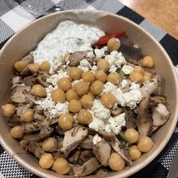 BYO bowl with double chicken, veggies, rice, feta, chickpeas and tzatziki
