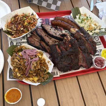Fikscue - A plate with most of their hits. Everything was absolutely delish. - Barbeque Near Me - San Francisco, California