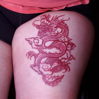 Inspired Ink - Red Dragon! Thigh tattoo - Tattoo Near Me Inspired Ink - Red Dragon! Thigh tattoo - Tattoo Near Me