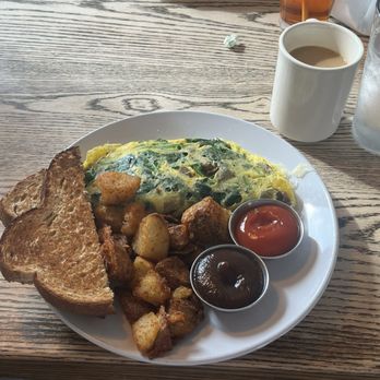 Jack's Shop Kitchen - Omelette: Goat Cheese, Spinach, Mushrooms. Side of whole wheat, Apple Butter, and Potatos - New American Near Me - Ruckersville, Virginia