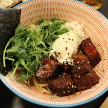 Beat Mazesoba - Yuzu Shio Mazemen (chashu/porkbelly, scallion, arugula, onion, garlic, sesame seeds, poached egg) - Ramen Near Me - Flushing, New York Beat Mazesoba - Yuzu Shio Mazemen (chashu/porkbelly, scallion, arugula, onion, garlic, sesame seeds, poached egg) - Ramen Near Me - Flushing, New York
