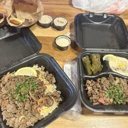 Beef shawarma (one on a bed of rice, the other with grape leaves and hummus and pita); appetizer: falafel (5 count) Beef shawarma (one on a bed of rice, the other with grape leaves and hummus and pita); appetizer: falafel (5 count)