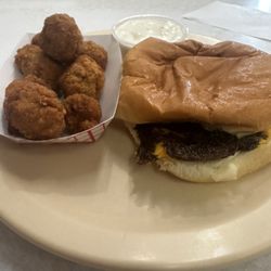 The New White Steamer Hamburgers - Smashburger with Cheese and Fried Mushrooms.