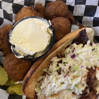 Wubba's BBQ Shack - Hello pulled pork sandwich and hush puppies (and that butter -yum!) - Barbeque Near Me - Klamath Falls, Oregon