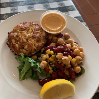 New Wave Seafood - Crab cake with a side of chickpea and kidney beans - Seafood Near Me - Wantagh, New York New Wave Seafood - Crab cake with a side of chickpea and kidney beans - Seafood Near Me - Wantagh, New York