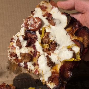 One Pie Pizza - QTR Sheet (6 slices) Three Little Pigs [+banana peppers & ricotta cheese; LIGHT WELL DONE bake]: Lots of bacon, sausage & pepperoni on top! - Pizza Near Me - West Seneca, New York